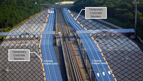 This is a rendering distributed by the State Road and Tollway Authority in March 2013 of the Ga. 400 toll plaza as it will direct traffic after the toll lifts in Nov. 2013, until demolition of the toll plaza is complete.