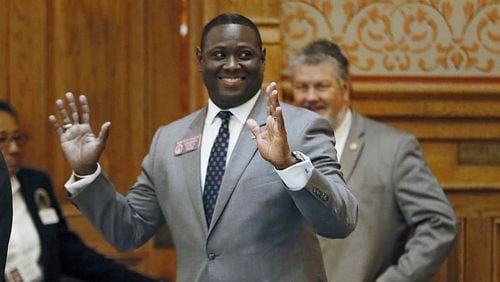 March 26, 2019 - Atlanta - Rep. Demetrius Douglas, D - Stockbridge, reacts to the passage of his bill, HB 83, which provides for recess for students in kindergarten and grades one through five, in the senate, where is was carried by Sen. Jeff Mullis, R - Chickamauga. Tuesday was the 37th legislative day of the 2019 Georgia general assembly. Bob Andres / bandres@ajc.com