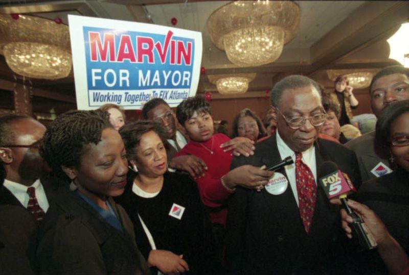 Atlanta mayoral candidate Marvin Arrington held his election night party at the Hilton Hotel during the run-off on Nov. 25, 1997. Arrington lost the mayoral election that night to the incumbent mayor Bill Campbell. (Rich Addicks / AJC Archive at GSU Library AJCNS1997-11-25-01e)