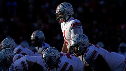 Ohio State quarterback Justin Fields (1) waits for the snap during the first half against Rutgers Saturday, Nov. 16, 2019, in Piscataway, N.J. Ohio State won 56-21. (Adam Hunger/AP)