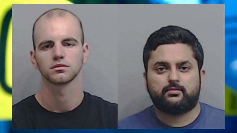 Dylan M. Cage, 24, of Ormond Beach, Fla., and Krishnan V. Pandya, 31, of Lake City, Ga., jumped up and down on the bleachers at Bobby Dodd Stadium and damaged them, Georgia Tech spokesman Lance Wallace said in an emailed statement. (Credit: Channel 2 Action News)