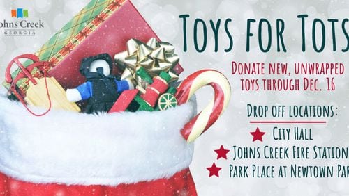Johns Creek is accepting new, unwrapped toys for the city’s annual Toys for Tots campaign now through Dec. 16. COURTESY CITY OF JOHNS CREEK