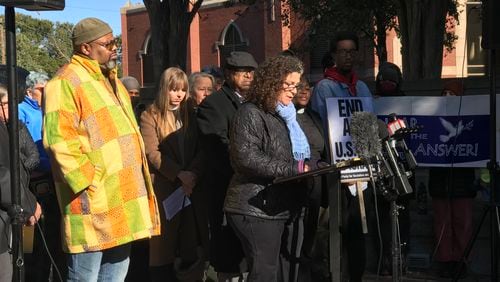 More than 30 interfaith leaders and activists met in downtown Atlanta for a press conference calling for a ceasefire in  Israel's war against Hamas. Speaking is ilise   Cohen, co-founder of Jewish Voice for Peace, Atlanta Chapter.. (Shelia Poole/spoole@ajc.com)