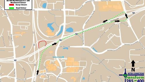 Map depicts the recommended detour when the ramp from northbound Ga. 400 to westbound I-285 is closed. GEORGIA DEPARTMENT OF TRANSPORTATION