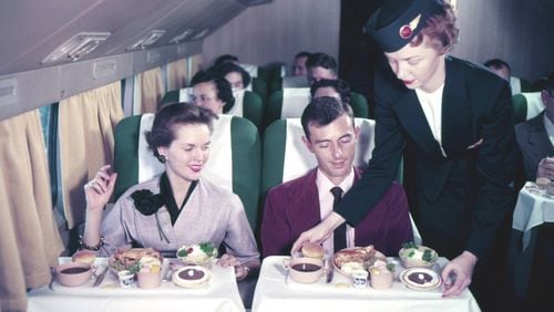 Delta Air Lines meal service, circa 1950-1956. Not representative of the complimentary snacks on Delta today.