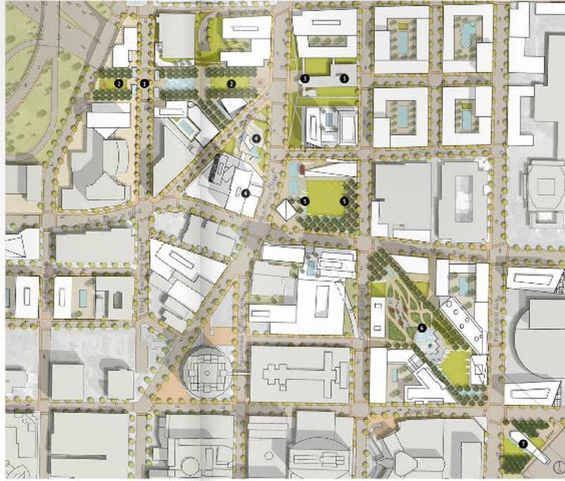An early proposal of "The Stitch" concept from 2016 imagined what Atlanta's street grid could look like if the Downtown Connector was capped at Peachtree Street and Ralph McGill Boulevard. (Rendering by Jacobs)