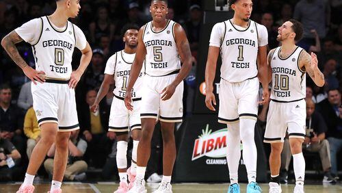 January 8, 2020 Atlanta: Georgia Tech players Michael Devoe (from left), Bubba Parham, Moses Wright, James Banks III, and Jose Alvarado take the court during the second half against Duke in a NCAA college basketball game on Wednesday, January 8, 2020, in Atlanta.  Curtis Compton ccompton@ajc.com