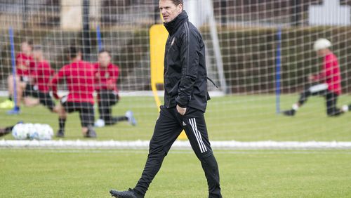 Atlanta United head coach Frank de Boer watches the team as they practice at their training facility at the Children's Healthcare of Atlanta Training Ground, Monday, January 13, 2020. (ALYSSA POINTER/ALYSSA.POINTER@AJC.COM)