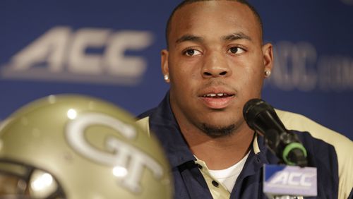 Georgia Tech's Shaquille Mason answers a question during a news conference at the Atlantic Coast Conference Football kickoff in Greensboro, N.C., Sunday, July 20, 2014. (AP Photo/Chuck Burton)