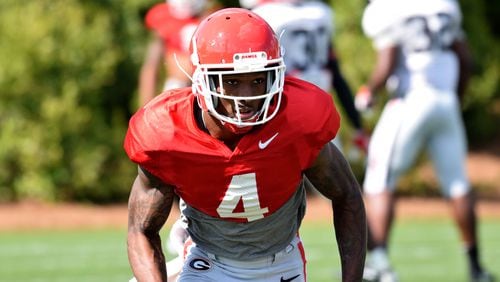 Georgia receiver Mecole Hardman takes part in a drill during the Bulldogs' practice Tuesday, April 10, 2018, on the Woodruff Practice Fields in Athens.