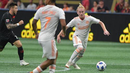 July 21, 2018  - Atlanta United forward Andrew Carleton (30) works the ball during the first half in a MLS soccer game at Mercedes-Benz Stadium on Saturday, July 21, 2018. HYOSUB SHIN / HSHIN@AJC.COM