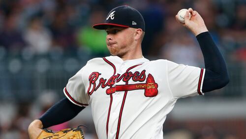 Atlanta Braves starting pitcher Sean Newcomb works in the first inning of baseball against the New York Mets on Friday, Sept. 15, 2017, in Atlanta. (AP Photo/John Bazemore)
