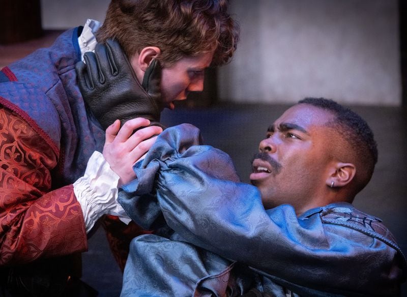 Tyren Duncan, right, as Mercutio -- shown in a scene with Romeo (Tommy Sullivan-Lovett) -- brings a fresh approach to his character that "is very fun, full of swagger and then bitter spite," critic Benjamin Carr writes. 