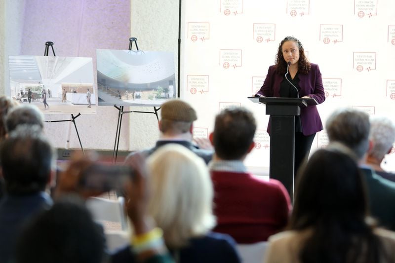 Maria Thacker Goethe, CEO of the Center for Global Health Innovation, speaks during a press conference announcing the launch of a new "health district" in Midtown Atlanta on Wednesday, December 15, 2021. Miguel Martinez for The Atlanta Journal-Constitution 
