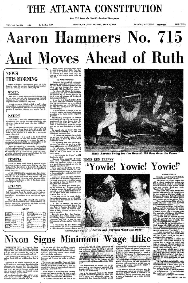 The Tuesday, April 9, 1974 edition of The Atlanta Constitution captures the moment Hank Aaron hit his 715th home run. (AJC Archive)