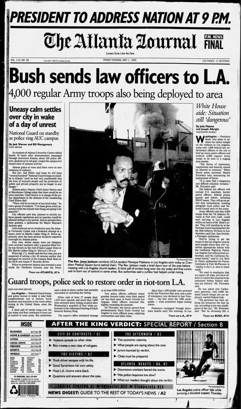 The Atlanta Journal front page on May 1, 1992.