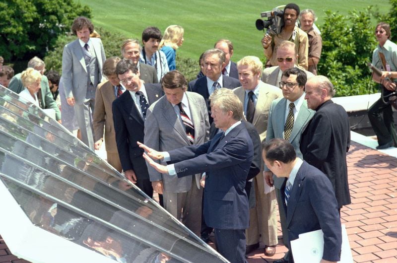 President Jimmy Carter shows off the “solar system” that was installed on the roof of the White House during his administration. Dedicated in June 1979, the 32 thermal collectors were visible from Pennsylvania Avenue and supplied solar heated water that was primarly used in the White House mess kitchen. The solar panels were removed from the roof during President Ronald Reagan’s administration in 1986. Photo courtesy of the Jimmy Carter Presidential Library