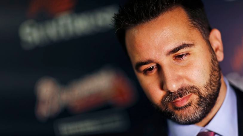 FILE - In this Nov. 13, 2017, file photo, Alex Anthopoulos speaks to reporters following a news conference introducing him as the new general manager of the Atlanta Braves baseball team in Atlanta. Anthopoulos says he hasnât ruled out signing a free agent but says he doesnât want to block prospects in the teamâs rebuilding process by adding a long-term contract. (AP Photo/David Goldman, File)