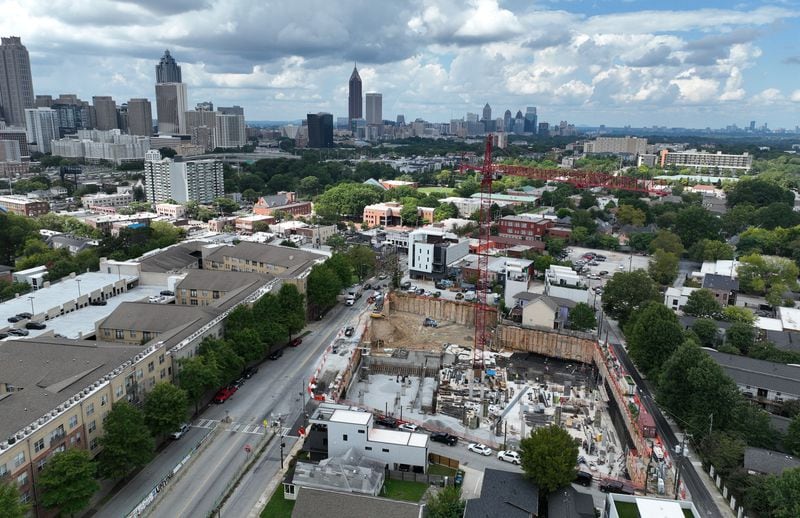Sparse trees surround the footprint of a large development in the Old Fourth Ward neighborhood is shown from above on Thursday, Sept. 8, 2022.  (Hyosub Shin / Hyosub.Shin@ajc.com)