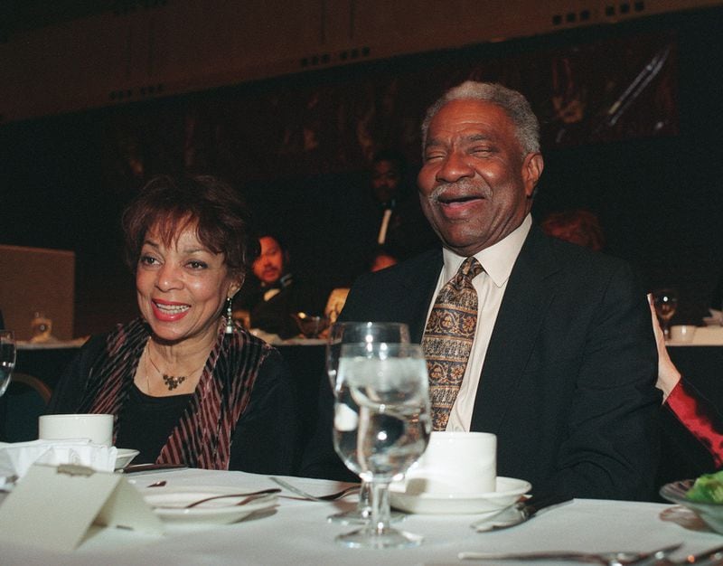 Honorees Ruby Dee and husband, Ossie Davis enjoy a light moment at the King Center's Annual Salute to Greatness Awards Dinner at the Hyatt Regency Hotel in downtown Atlanta in January , 1999. The dinner is The King Center's primary annual fundraising initative. The dinner recognized national and/or international individuals and organizations that exemplified personal leadership and commitment to the legacy and work of Dr. Martin Luther King, Jr. (PHOTO BY: ANITTA C. CHARLSON/STAFF)