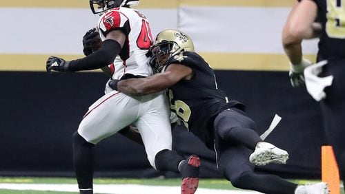 Falcons linebacker Deion Jones intercepted a pass against the Saints in 2017.