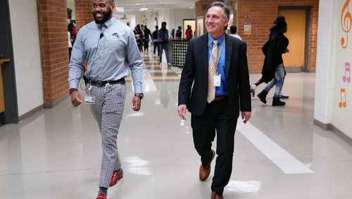 Fulton County Superintendent Mike Looney and Principal Charles Chester walk through Langston Hughes High School on Friday, December 13, 2019, in Fairburn. (Photo: ELIJAH NOUVELAGE FOR THE ATLANTA JOURNAL-CONSTITUTION)