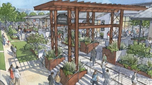A rendering of the planned Works at Chattahoochee project in northwest Atlanta. Selig Development plans to transform aging warehouses into a blend of offices, apartments, retail, restaurants and green space. SPECIAL