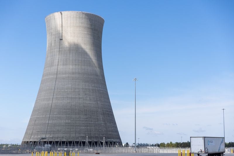 A view of the cooling tower for Unit 4 at Plant Vogtle in Burke County.