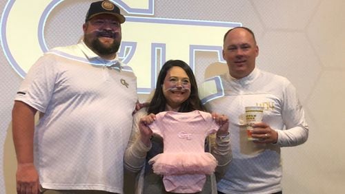 Georgia Tech coach Geoff Collins (right) participated Friday, April 19, 2019, in a video to reveal the name and gender of Bill and Laura Barlow's baby, to be named Collins Grace Barlow in honor of the coach. (Photo contributed by Bill Barlow)