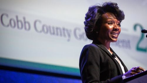 Cobb Commission Chair Lisa Cupid gives the State of the County address at the Roxy Theatre at Truist Park Monday, March 8, 2021. STEVE SCHAEFER FOR THE ATLANTA JOURNAL-CONSTITUTION