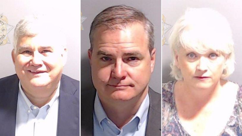 The booking photos for former state Republican Party Chair David Shafer, left, Republican state Sen. Shawn Still of Norcross and Cathleen Latham, former chair of the Coffee County Republican Party. All three were charged in connection with a fake elector scheme as part of a the sweeping racketeering prosecution in Fulton County. (Fulton County Sheriff's Office)