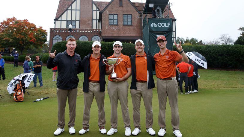 (From left to right) Travis Vick, Parker Coody, Spencer Soosman, Pierceson Coody, and Cole Hammer of the Texas Longhorns Men's Golf Team pose with the Cup after defeating the Oklahoma State Cowboys in match play during Day 3 of the 2019 East Lake Cup at East Lake Golf Club on October 30, 2019 in Atlanta, Georgia. (Photo by Mike Zarrilli/Getty Images)
