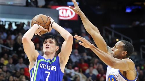 March 6, 2017, Atlanta: Atlanta Hawks Ersan Ilyasova shoots for two against Golden State Warriors Andre Uguodala during the second period in a NBA basketball game on Monday, March 6, 2017, in Atlanta. Curtis Compton/ccompton@ajc.com