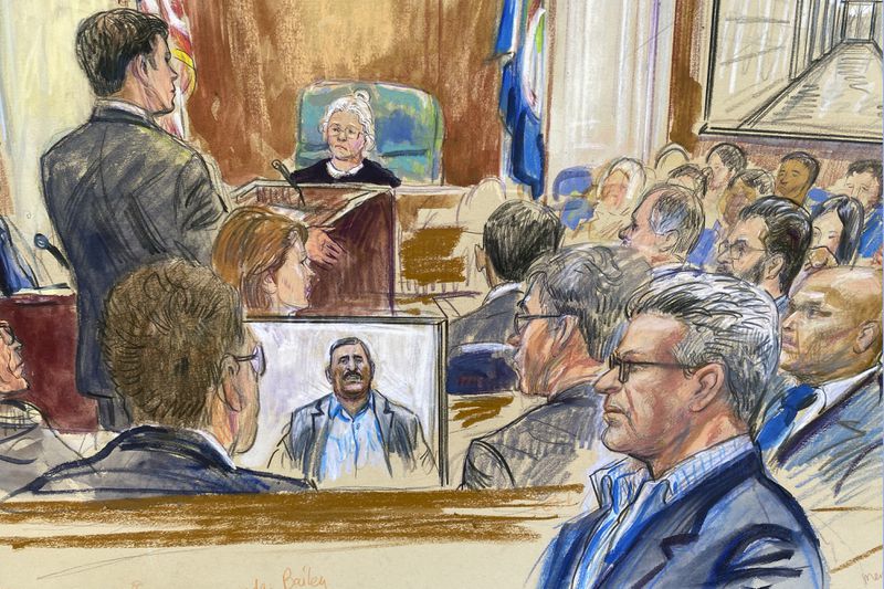 This artist sketch depicts Salah Al-Ejaili, foreground right with glasses, a former Al-Jazeera journalist, before the U.S. District Court in Alexandria, Va., Tuesday, April 16, 2024. Al-Ejaili, a former detainee at the infamous Abu Ghraib prison, has described to jurors the type of abuse that is reminiscent of the scandal that erupted there 20 years ago: beatings, being stripped naked and threatened with dogs, stress positions meant to induce exhaustion and pain. (Dana Verkouteren via AP)