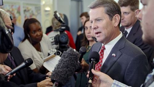 Brian Kemp, the Republican nominee to become Georgia’s next governor, rolled out a new policy aimed at veterans at a press conference Wednesday at his Atlanta headquarters. BOB ANDRES /BANDRES@AJC.COM