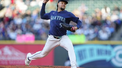 Seattle Mariners starting pitcher Luis Castillo throws against the Atlanta Braves during the third inning of a baseball game Tuesday, April 30, 2024, in Seattle. (AP Photo/Lindsey Wasson)