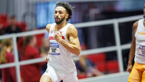Georgia sprinter Hossam Hatib competes at the 2024 SEC Indoor Track Championships in Fayetteville, Arkansas