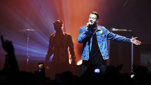 LONDON, ENGLAND - APRIL 18: Macklemore (R) performs as headlining act at the Mail Brands Opening Gig during Advertising Week Europe 2016 at KOKO on April 18, 2016 in London, England. (Photo by Tabatha Fireman/Getty Images for Advertising Week Europe)