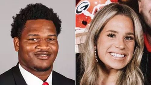 The Athens-Clarke County police department says University of Georgia football star Jalen Carter, left, was racing with recruiting analyst Chandler LeCroy, right, before LeCroy's car crashed on Jan. 15. LeCroy and football player Devin Willock died in the crash, and Carter was charged with street racing and reckless driving.
