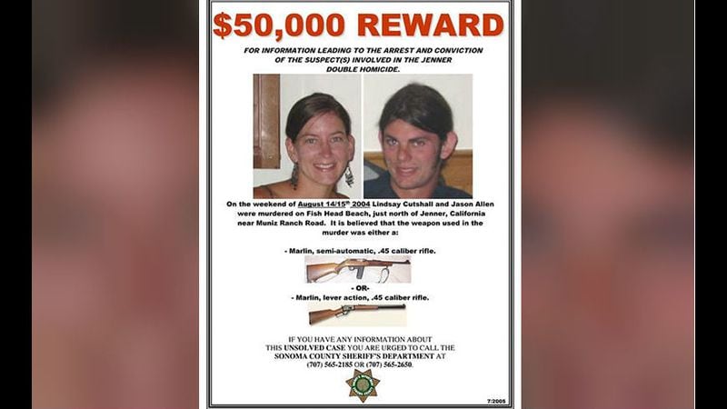 Pictured is a reward poster for information in the 2004 deaths of Lindsay Cutshall and Jason Allen, who were killed as they slept on a beach near Jenner, Calif. Their killer, Shaun Gallon, was sentenced to life in prison Monday, July 15, 2019.