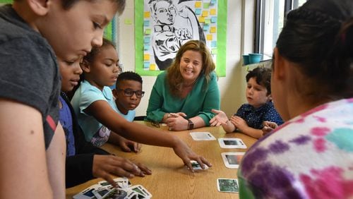 Principal Audrey Sofianos interacts with 3rd graders at Morningside Elementary School on Friday, September 28, 2018. HYOSUB SHIN / HSHIN@AJC.COM