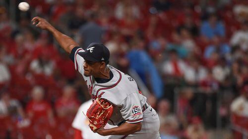 Braves relief pitcher Edgar Santana throws during the eighth inning against the St. Louis Cardinals on Tuesday, Aug. 3, 2021, in St. Louis. (Joe Puetz/AP)