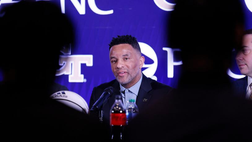 Georgia Tech basketball coach Damon Stoudamire addresses the media during his introductory news conference on March 14, 2023, in Atlanta. (Miguel Martinez/The Atlanta Journal-Constitution/TNS)