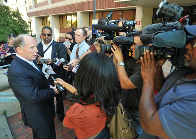 Steve Sadow speaks to reporters after a hearing in Cobb County.