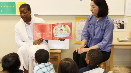 Principal Tara Ranzy (left) and Ms. Ai, a kindergarten teacher, go over a lesson in English and Japanese at the International Charter Academy in Peachtree Corners on Monday, March 11, 2019. The school, in its first year of operation, conducts classes in both languages. More than half of the time in class is spent with both the teacher and the students speaking Japanese. EMILY HANEY / emily.haney@ajc.com