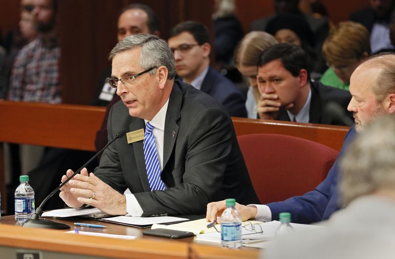 2/19/19 - Atlanta - Secretary of State Brad Raffensperger (left),  seated next to Rep. Barry Fleming, who sponsored the bill, discusses the bill.  The Governmental Affairs Elections Subcommittee, chaired by Rep. Alan Powell, held the first hearing of House Bill 316, which would change the state's voting system.  Bob Andres / bandres@ajc.com
