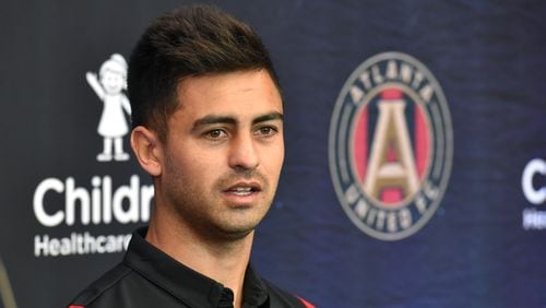 January 25, 2019 Marietta - Gonzalo "Pity" Martinez speaks during a press conference at the Children's Healthcare of Atlanta Training Ground in Marietta on Friday, January 25, 2019. Atlanta United introduced Gonzalo "Pity" Martinez to the media on Friday during a formal press conference at the Children's Healthcare of Atlanta Training Ground. The attacking midfielder was a key part of River Plate's run to the 2018 Copa Libertadores title, South America's top international club competition, and scored the final goal in River Plate's 3-1 victory in Leg 2 against rivals Boca Juniors to win the final 5-3 on aggregate on Dec. 10. HYOSUB SHIN / HSHIN@AJC.COM