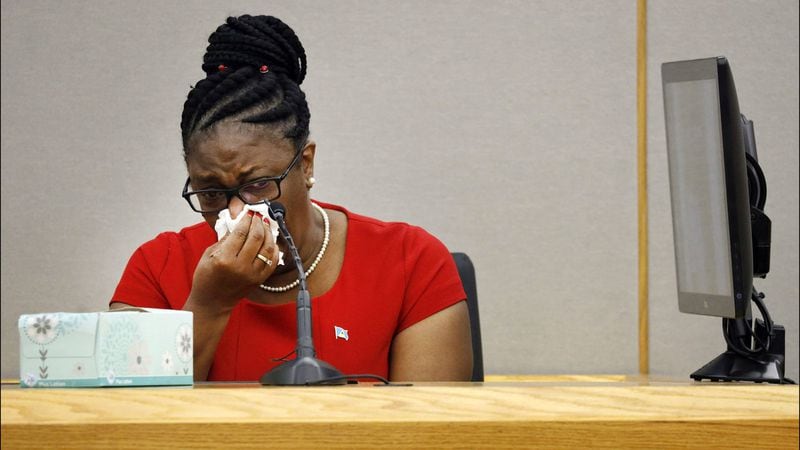 Allison Jean weeps as she testifies Tuesday, Oct. 1, 2019, about her son, Botham Jean, who was gunned down in September 2018 by his neighbor, Amber Guyger, who was a Dallas police officer at the time. Guyger was convicted  of murder.