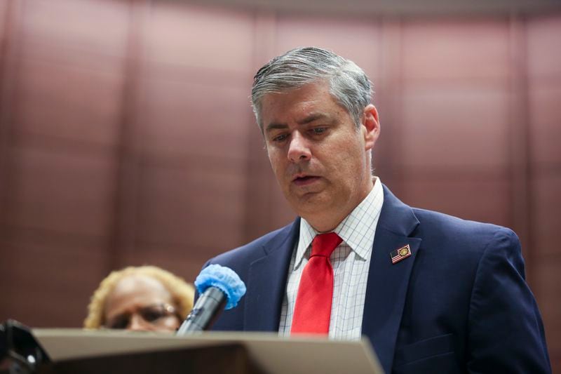 Commissioner Bob Ellis speaks during a meeting at the Fulton County government building in Atlanta, Georgia, on Wednesday, May 5, 2021. (Rebecca Wright for the Atlanta Journal-Constitution)