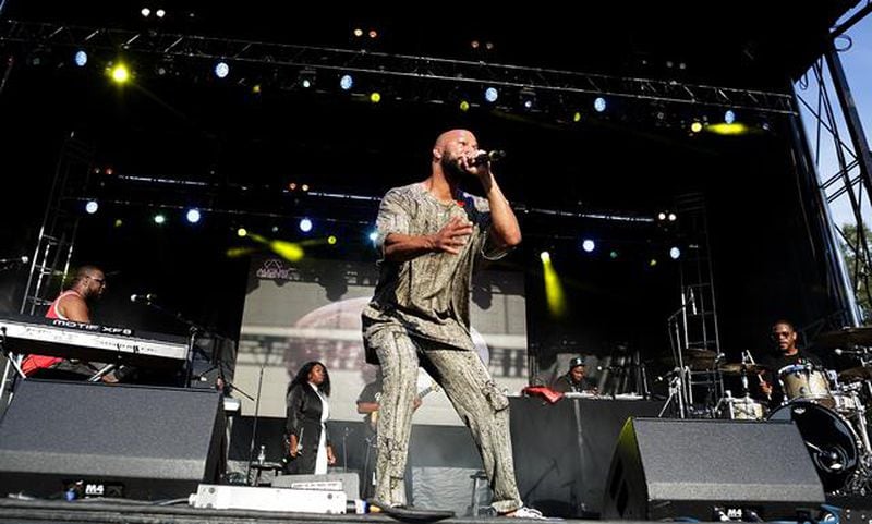 Common performs with key boards Robert Glasber, left and drummer, beat maker Karriem Riggins as the trio August Greene at the ONE Music Fest at Central Park, Sunday, September 9, 2018. (Akili-Casundria Ramsess/Eye of Ramsess Media
